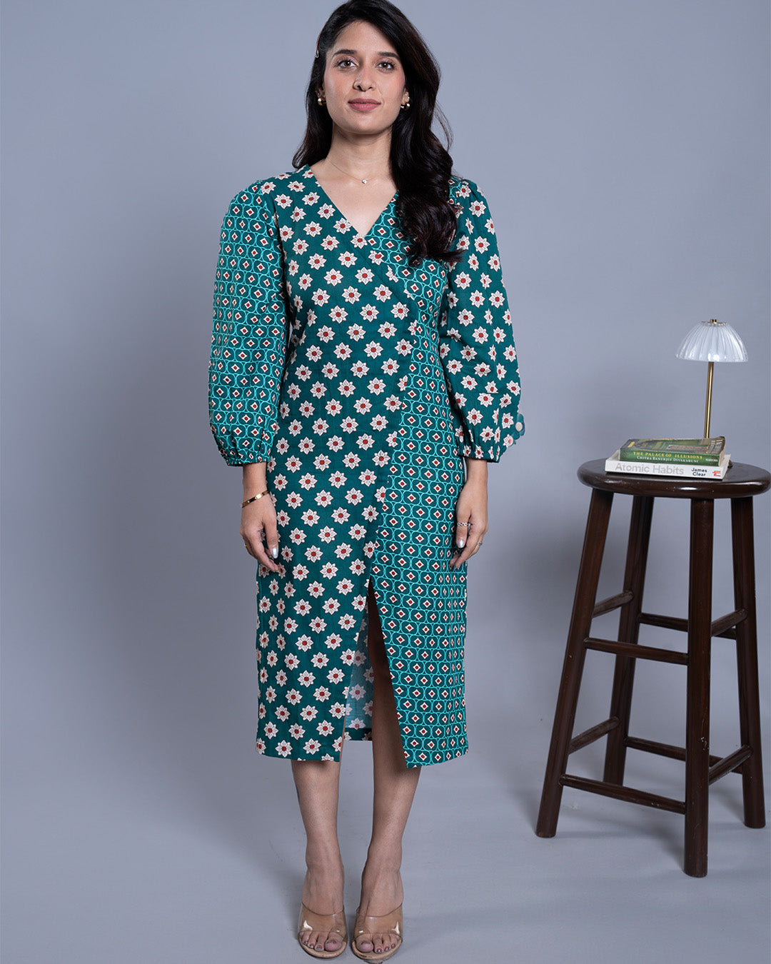Teal Blossom Slit Dress