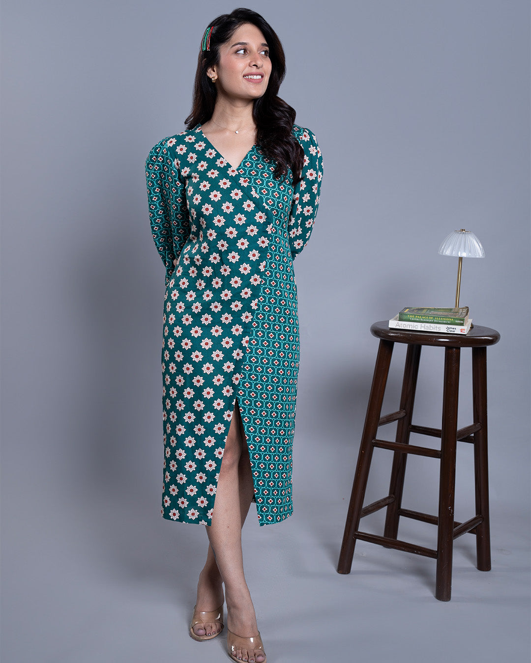 Teal Blossom Slit Dress